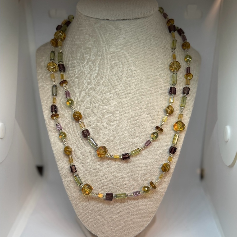 Artisan Double Strand Glass Bead Necklace Amber Olive Boho Gold Filled Clasp
